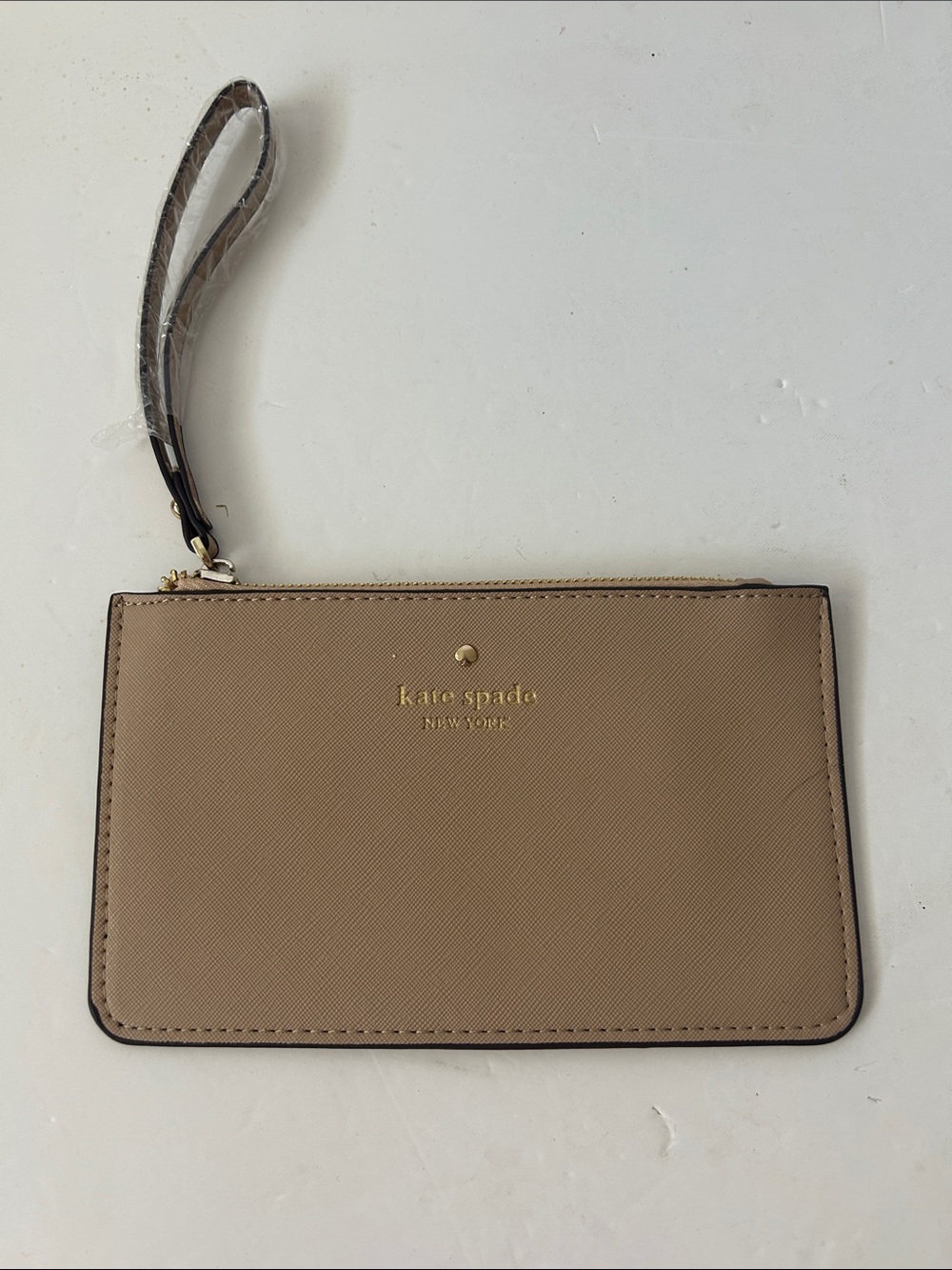 kate spade Tan Saffiano Leather Wristlet Pouch with Gold Logo NWOT